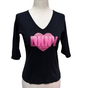 DKNY Jeans Y2K Womens Pink Glitter Heart 3/4 Sleeve V Neck Black Top‎ Size L